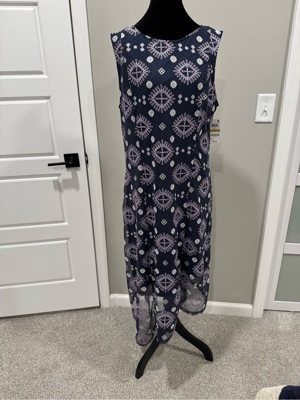 Alfani Navy Midi Dress with Lavender Medallion Embroidery